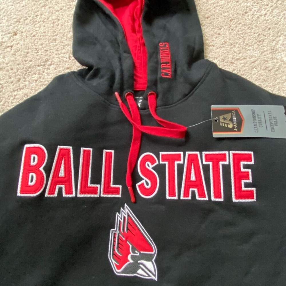 NWT BALL STATE UNIV embroidered HOODIE cotton pullover sweatshirt LARGE